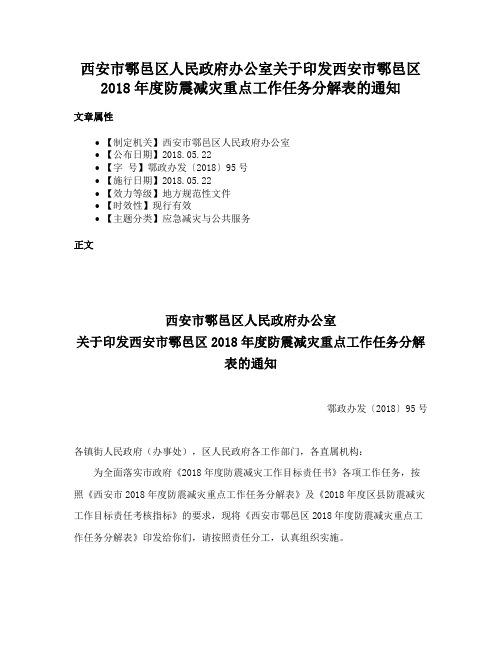 西安市鄠邑区人民政府办公室关于印发西安市鄠邑区2018年度防震减灾重点工作任务分解表的通知