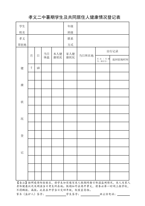 孝义二中暑期学生及共同居住人健康情况登记表