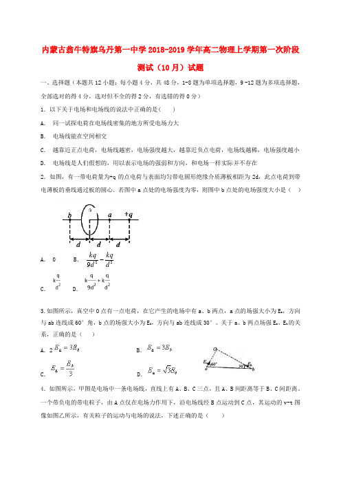 内蒙古翁牛特旗乌丹第一中学2018-2019学年高二物理上学期第一次阶段测试(10月)试题