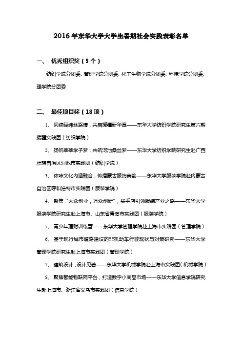 2016年东华大学大学生暑期社会实践表彰名单公示