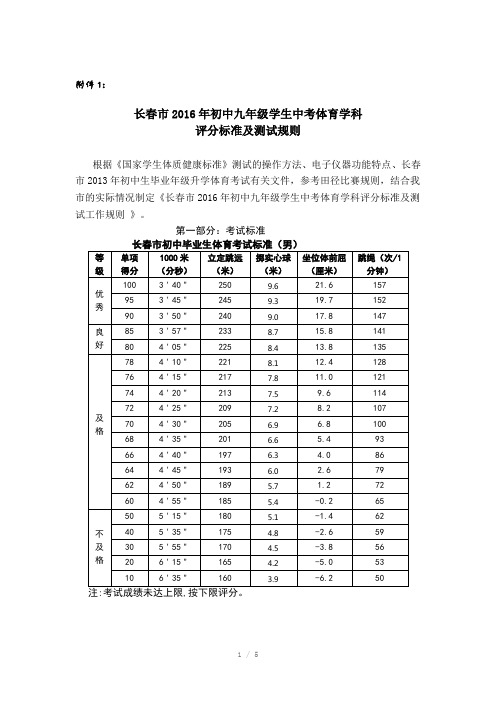 长春市初中九年级学生中考体育与健康学科评分标准及测试规则