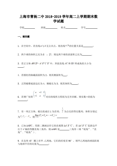 上海市曹杨二中2018-2019学年高二上学期期末数学试题