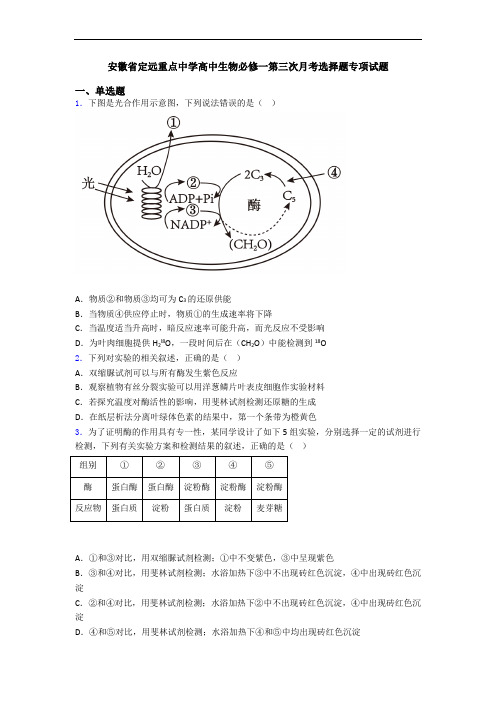 安徽省定远重点中学高中生物必修一第三次月考选择题专项试题