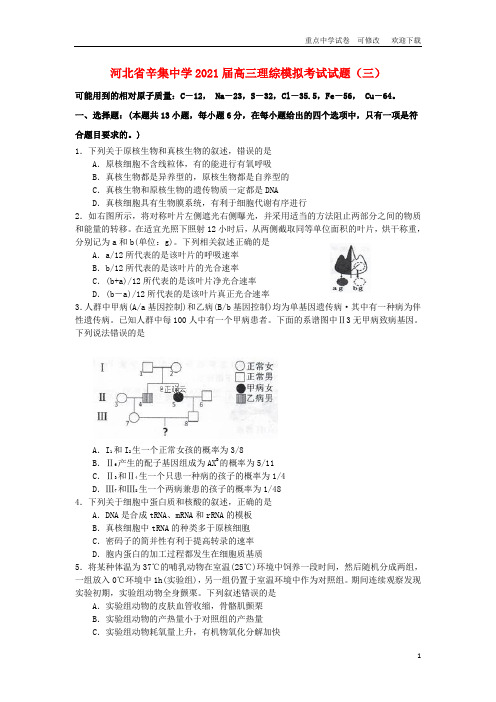 河北省辛集中学2021届高三理综模拟考试试题(三)