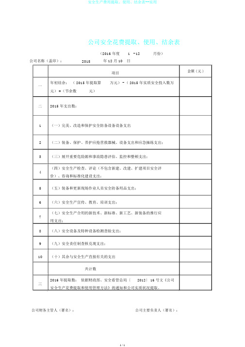 安全生产费用提取、使用、结余表--实用