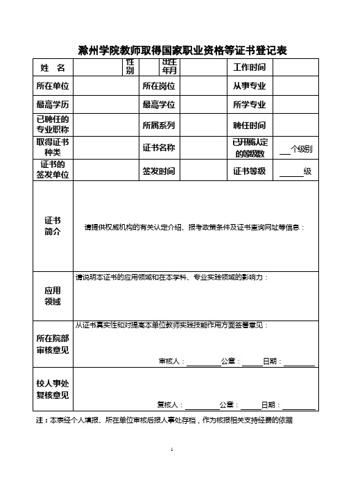 滁州学院教师取得国家职业资格等证书登记表