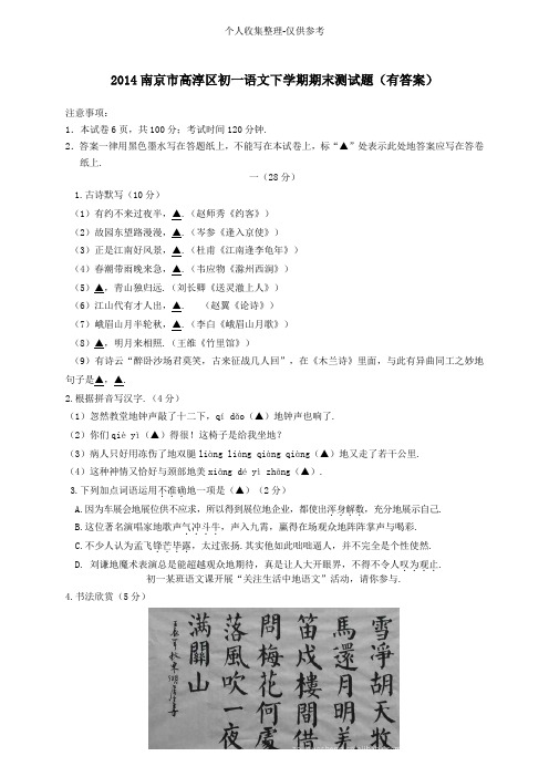 南京高淳区初语文下学期期末测测验考试(有答案)