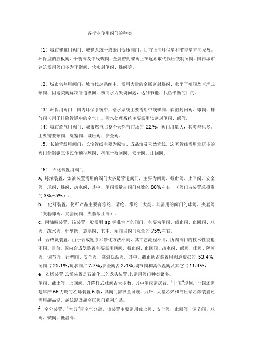 各行业使用阀门的种类