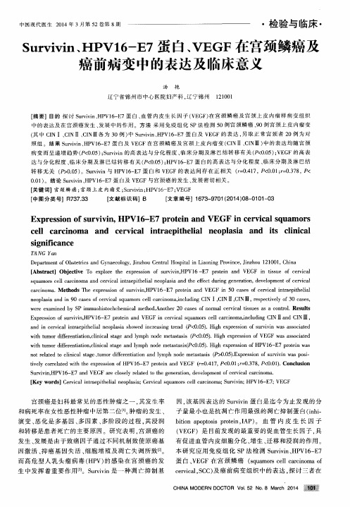 Survivin、HPV16-E7蛋白、VEGF在宫颈鳞癌及癌前病变中的表达及临床意义