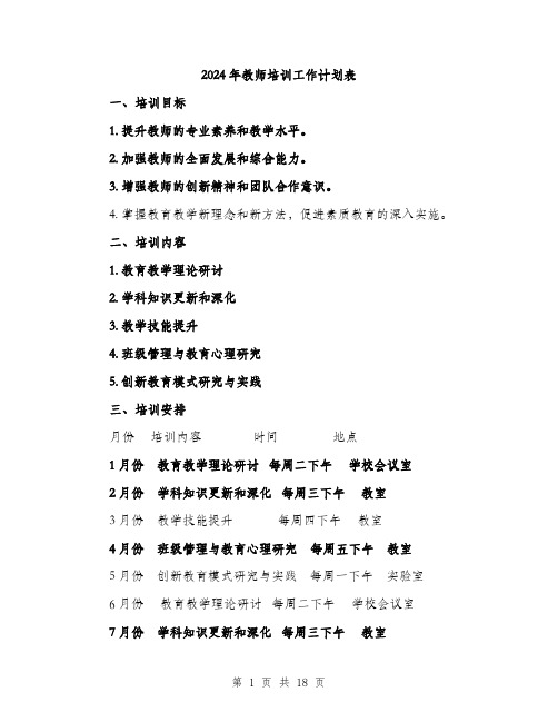 2024年教师培训工作计划表（6篇）