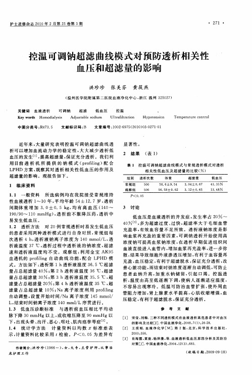 控温可调钠超滤曲线模式对预防透析相关性血压和超滤量的影响