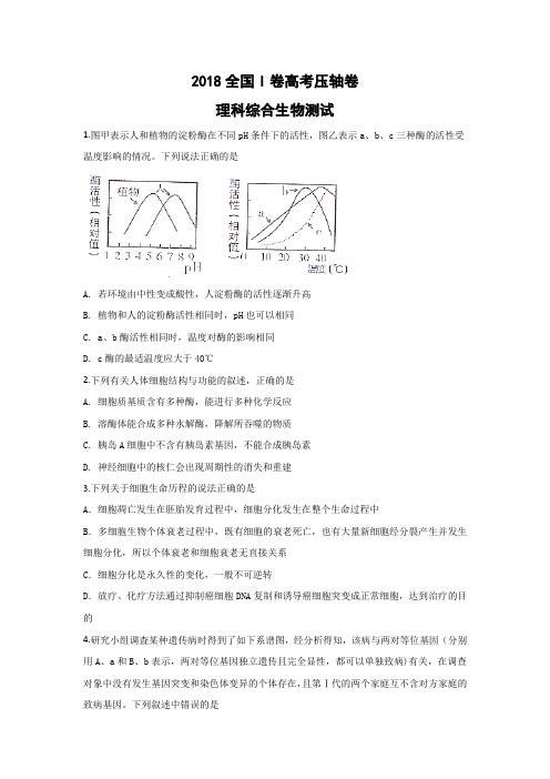 2018全国I卷高考压轴卷 理综生物Word版含解析