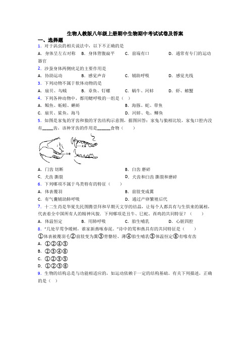生物人教版八年级上册期中生物期中考试试卷及答案