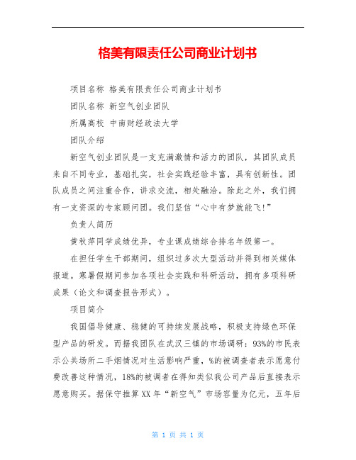 格美有限责任公司商业计划书
