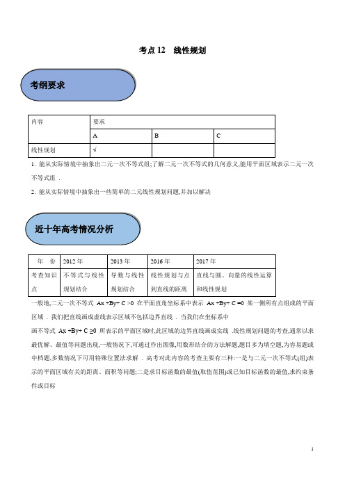 考点12 线性规划-2019年江苏高考数学五年真题与三年模拟试题考点分类解读(解析版)