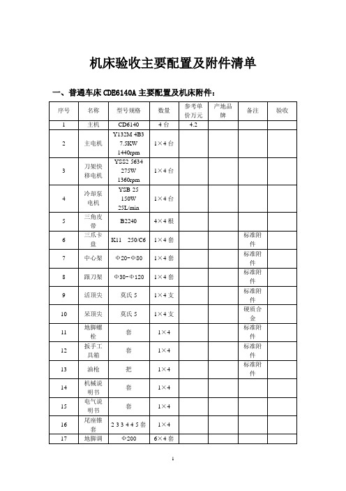 机床验收主要配置及附件清单