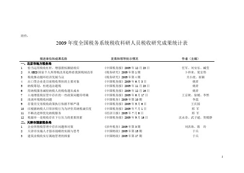 2009年度全国税务系统税收科研人员税收研究成果统计表