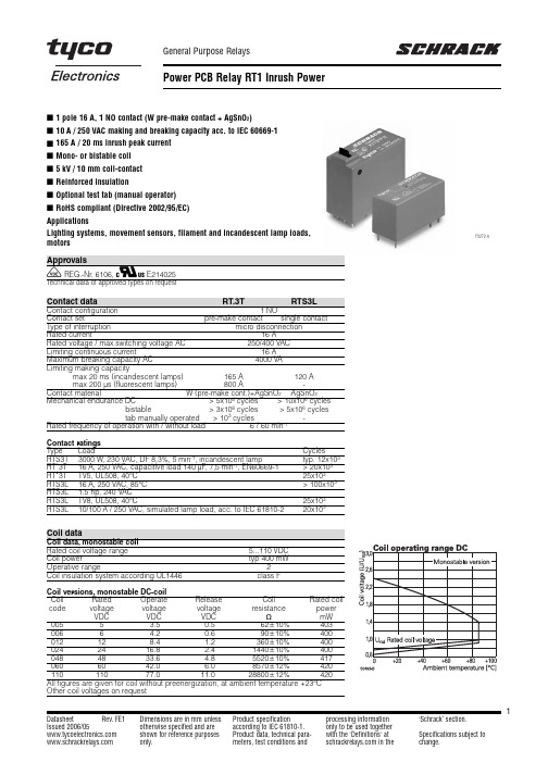 TYCO电子通用电源板电源RT1数据手册说明书