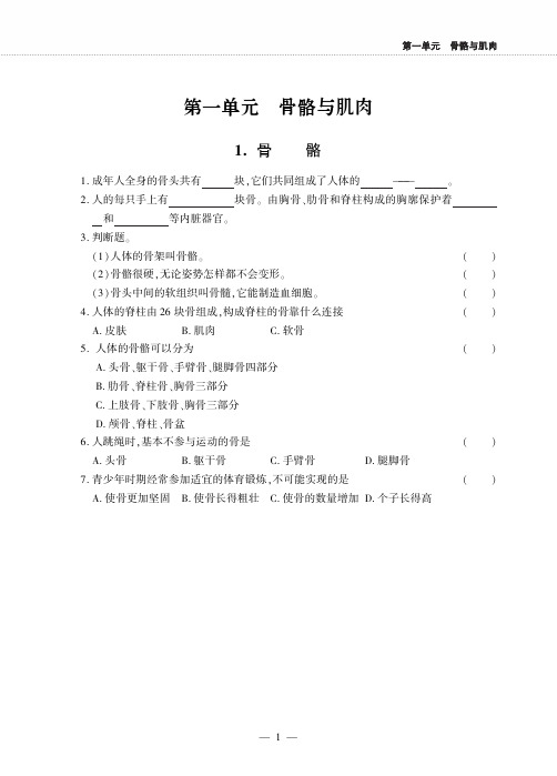 四年级下册科学一课一练第一单元骨骼和肌肉苏教版