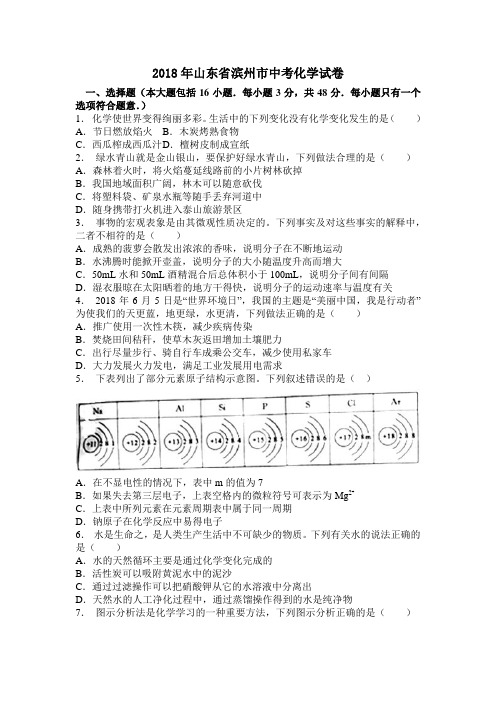 中考真题-2018年山东省滨州中考化学试题