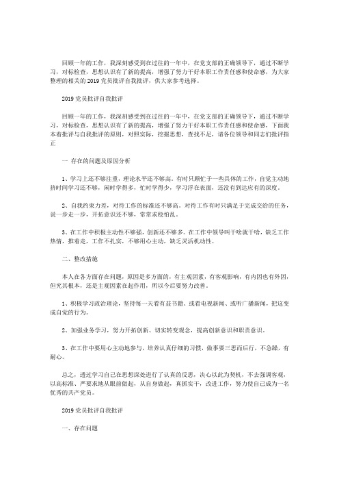 最新2019党员批评自我批评