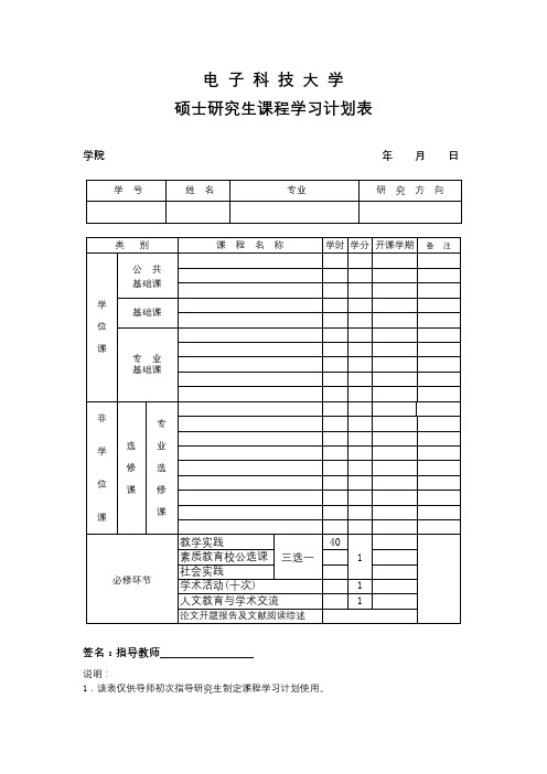 XX大学硕士研究生课程学习计划表【模板】