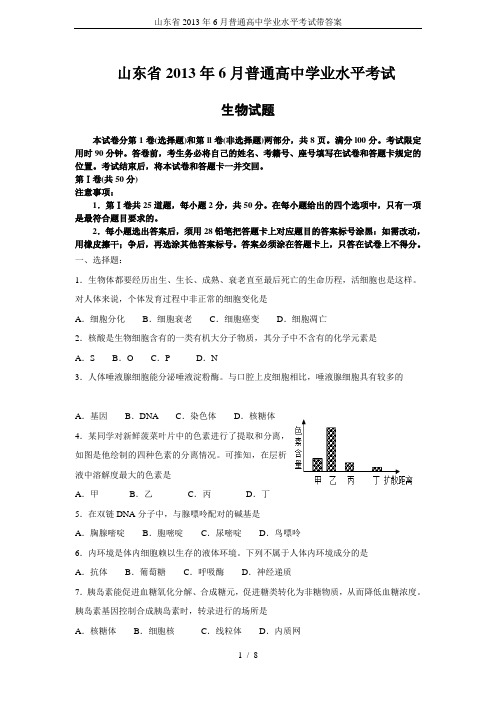 山东省2013年6月普通高中学业水平考试带答案