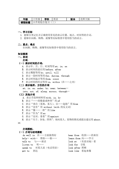 六年级英语下册知识讲义-小升初综合复习（三）-冀教版