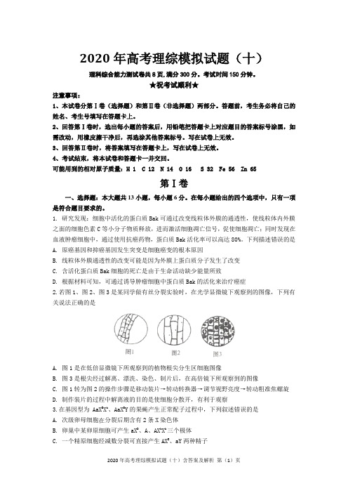 2020年高考理综模拟试题(十)含答案及解析