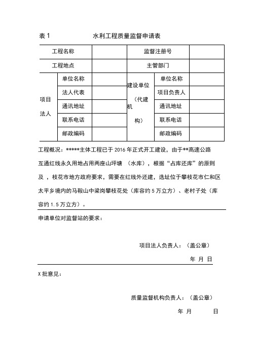 水利工程质量监督申请表(模板)