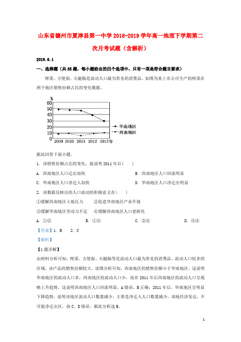 山东省德州市夏津县第一中学2018_2019学年高一地理下学期第二次月考试题(含解析)