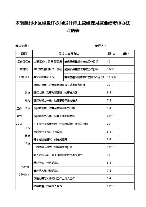 家装建材小区楼盘样板间设计师主管经理月度业绩考核办法评估表