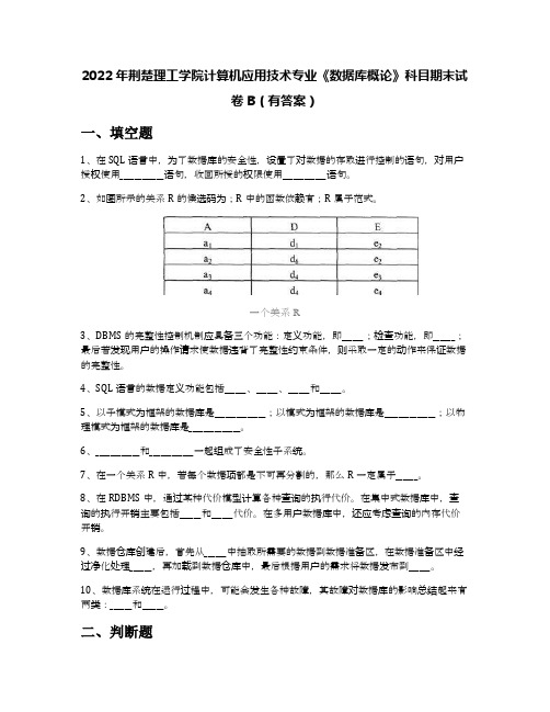 2022年荆楚理工学院计算机应用技术专业《数据库概论》科目期末试卷B(有答案)