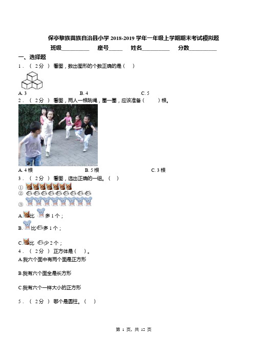 保亭黎族苗族自治县小学2018-2019学年一年级上学期期末考试模拟题