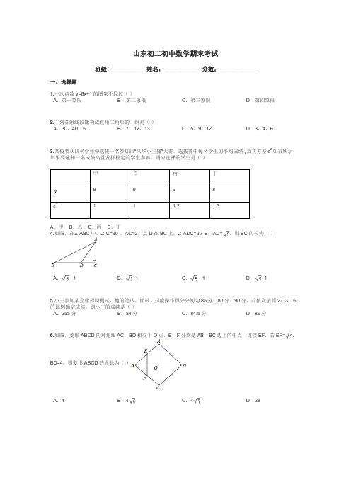 山东初二初中数学期末考试带答案解析
