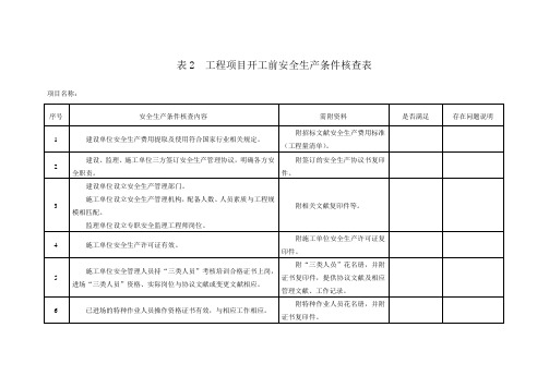 表工程项目开工前安全生产条件核查表