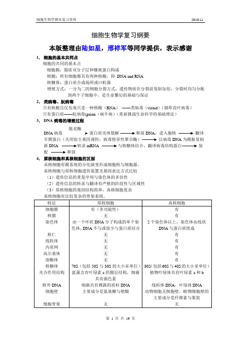 细胞生物学期末复习纲要重点总结