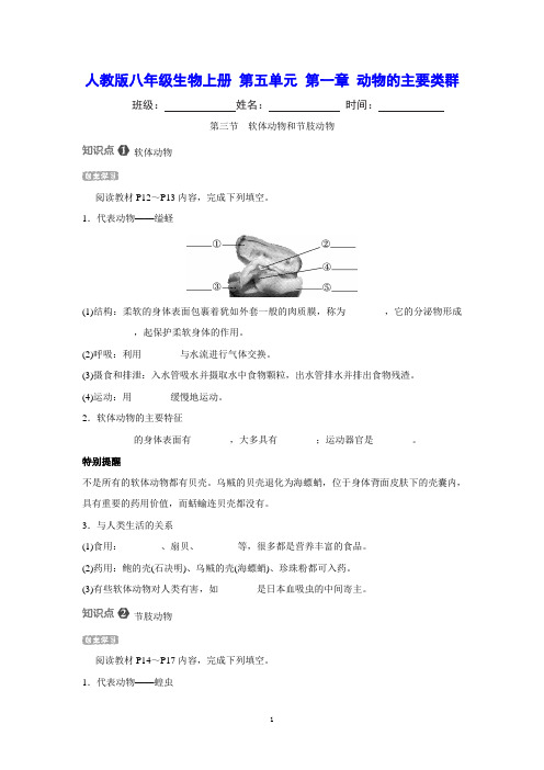 人教版八年级生物上册 第五单元 第一章 第三节 软体动物和节肢动物 课时同步练习(含详细解答)