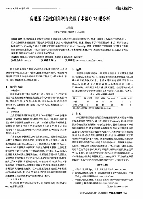 高眼压下急性闭角型青光眼手术治疗76眼分析