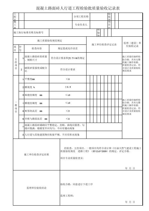 混凝土路面砖人行道工程检验批质量验收记录表