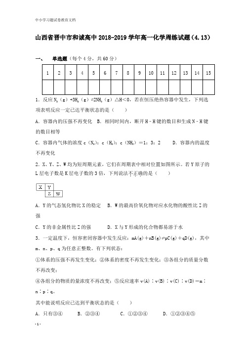 【教育文档】山西省晋中市和诚高中2018-2019学年高一化学周练试卷4.13.doc