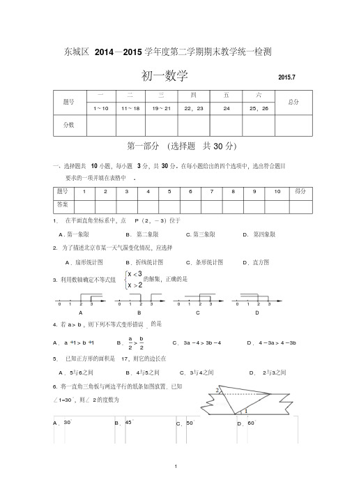 北京市东城区2014—2015学年度第二学期期末教学统一检测初一数学试题(含详细答案)
