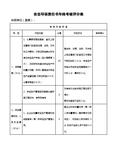 安全环保责任书年终考核评分表