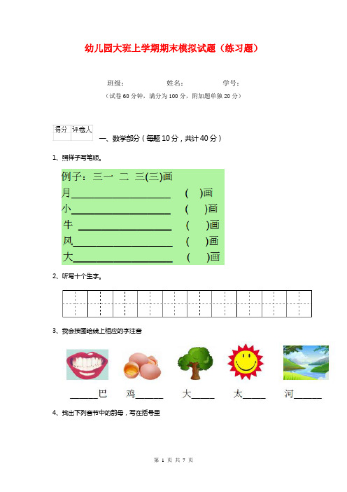 幼儿园大班上学期期末模拟试题(练习题)