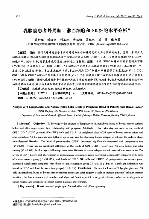乳腺癌患者外周血T淋巴细胞和NK细胞水平分析