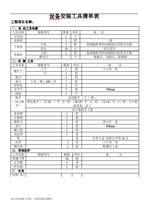 设备安装工具清单