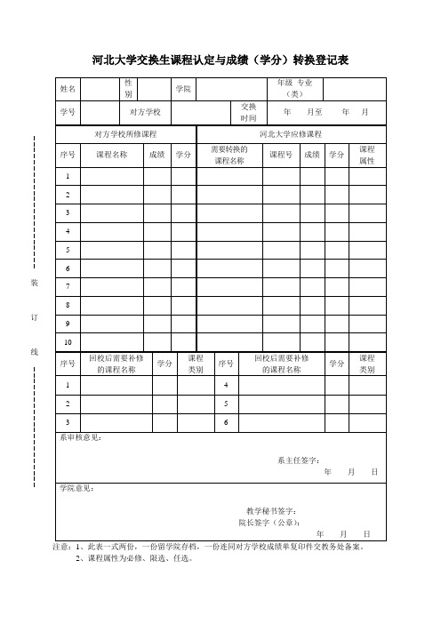 交换生转学分用表