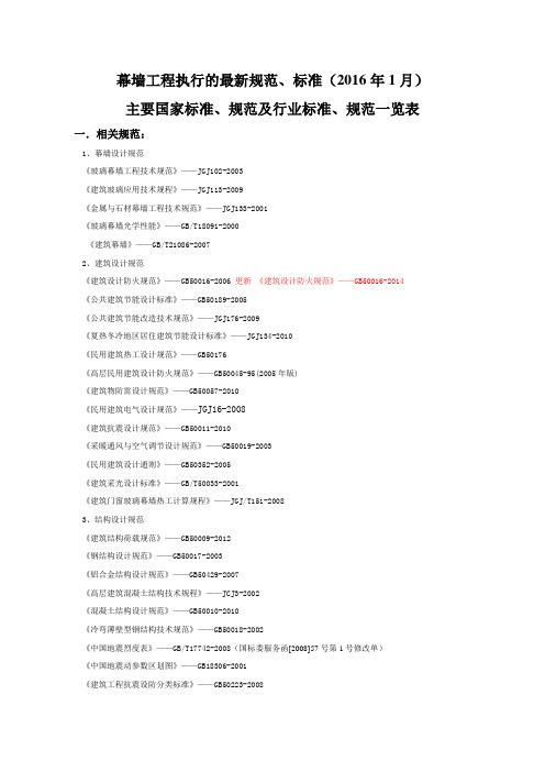 幕墙工程执行的最新规范、标准(2016年1月)