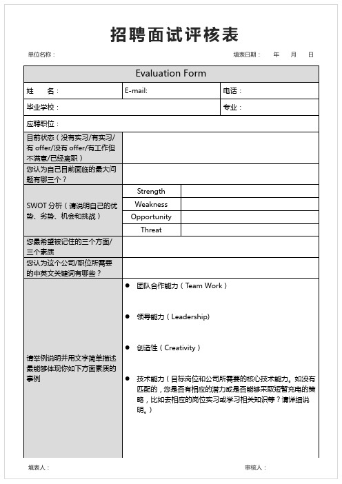 面试评核表Evaluation Form