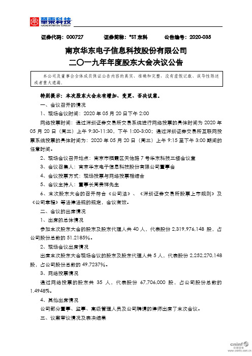 ST东科：2019年年度股东大会决议公告